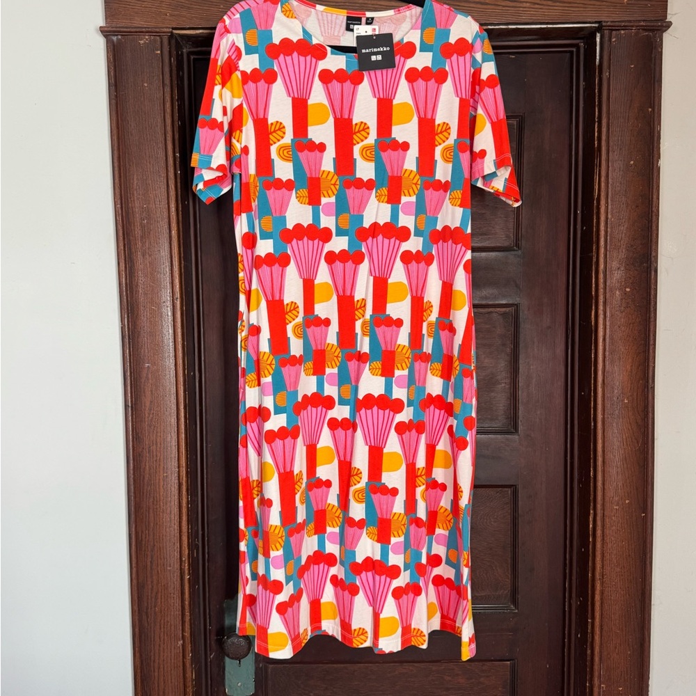 Marimekko Pink Red Orange Blue Graphic Floral Midi Dress